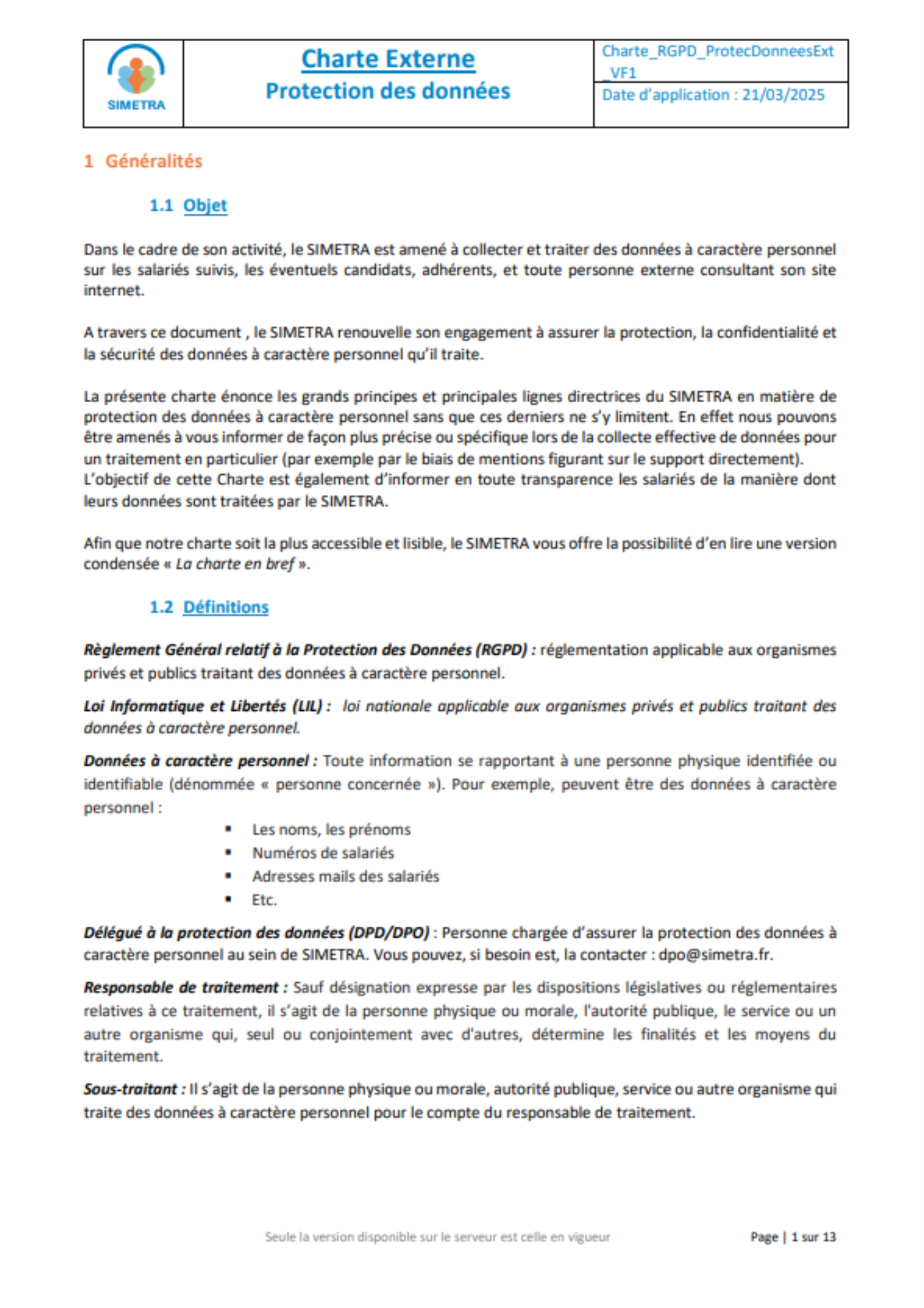 Charte externe protection des données - RGPD - Simetra